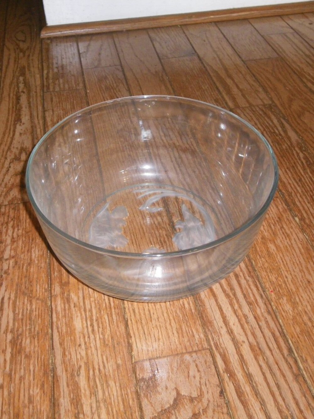 Vintage Large Thick Glass Serving Bowl w/ Etched Floral Design
